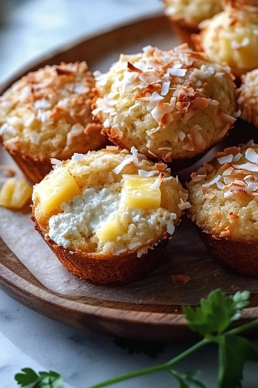 Köstliche Kokosnuss Muffins mit Ananas und Hüttenkäse auf einem Tisch angerichtet.