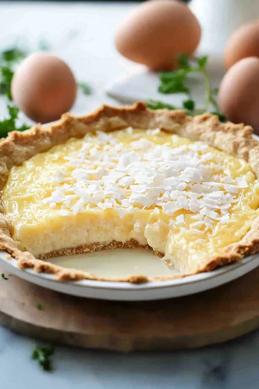 Saftiger Kokosnusspuddingkuchen auf einem Teller