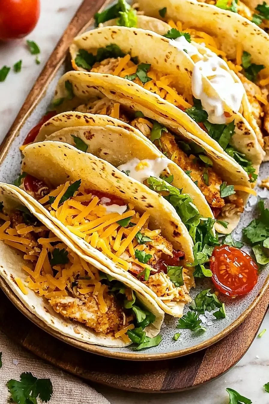 Krosse gebackenen Hähnchen-Tacos mit frischen Zutaten und aromatischen Gewürzen