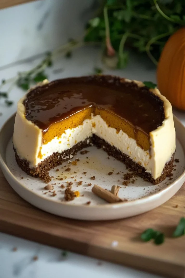 Leckerer Kürbis-Käsekuchen-Kuchen auf einem Teller, dekoriert mit frischen Kräutern.