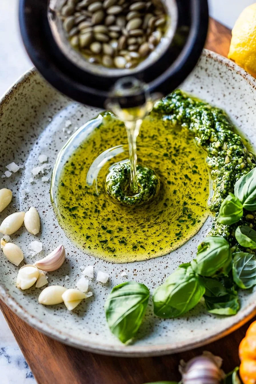 Schüssel mit frischem Kürbiskernpesto, aromatisch und gesund