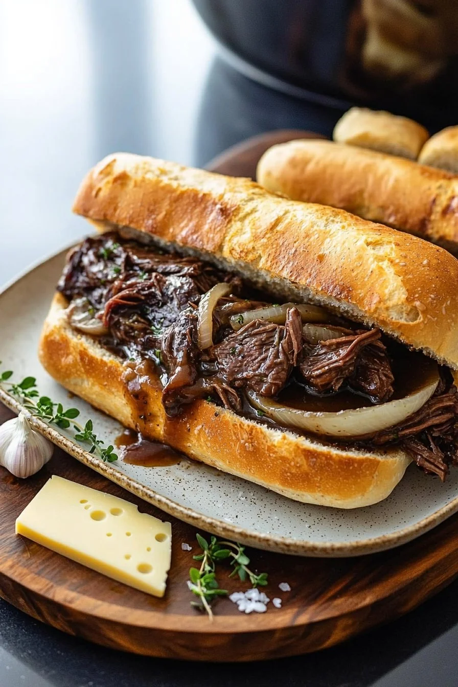 Leckere langzeitgegarte Französische Dip-Sandwiches auf einem Teller