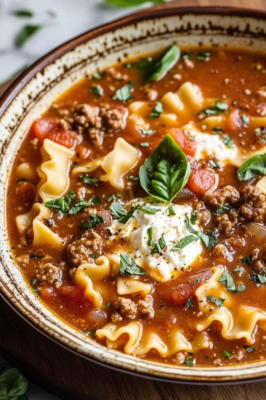 Langsame Koch Lasagne Suppe in einer Schüssel mit frischen Kräutern garniert.