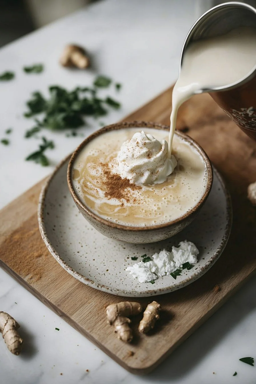 Lebkuchen-Creme-Mocktail mit zarten Gewürzen und Schlagsahne in einem Glas
