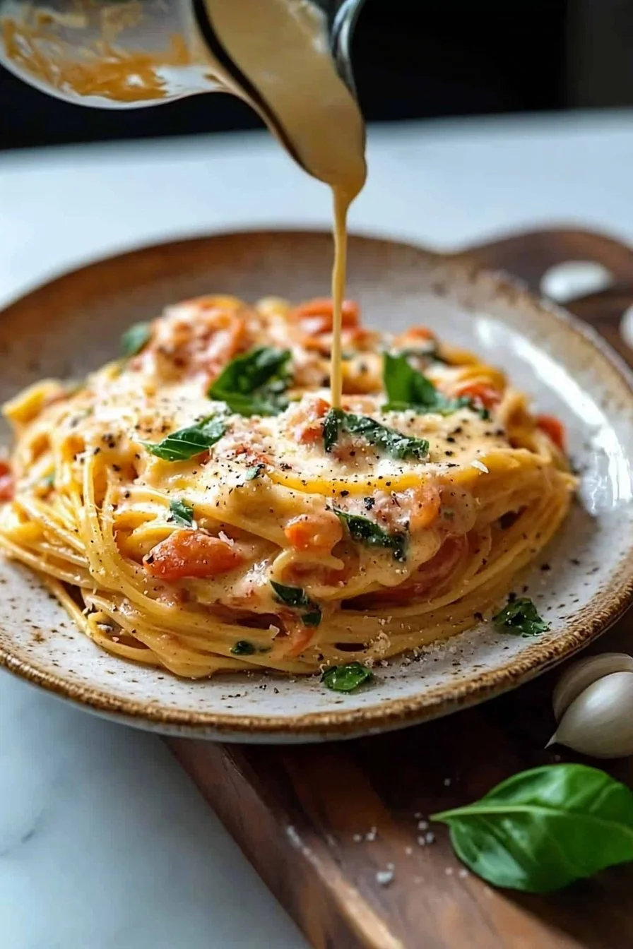 Leckeres cremiges Tomaten-Knoblauch-Pasta-Rezept