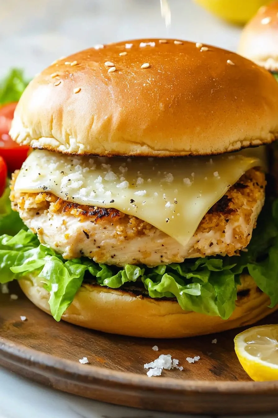 Limonen-Parmesan-Hühnchen-Burger auf einem Teller mit frischen Zutaten