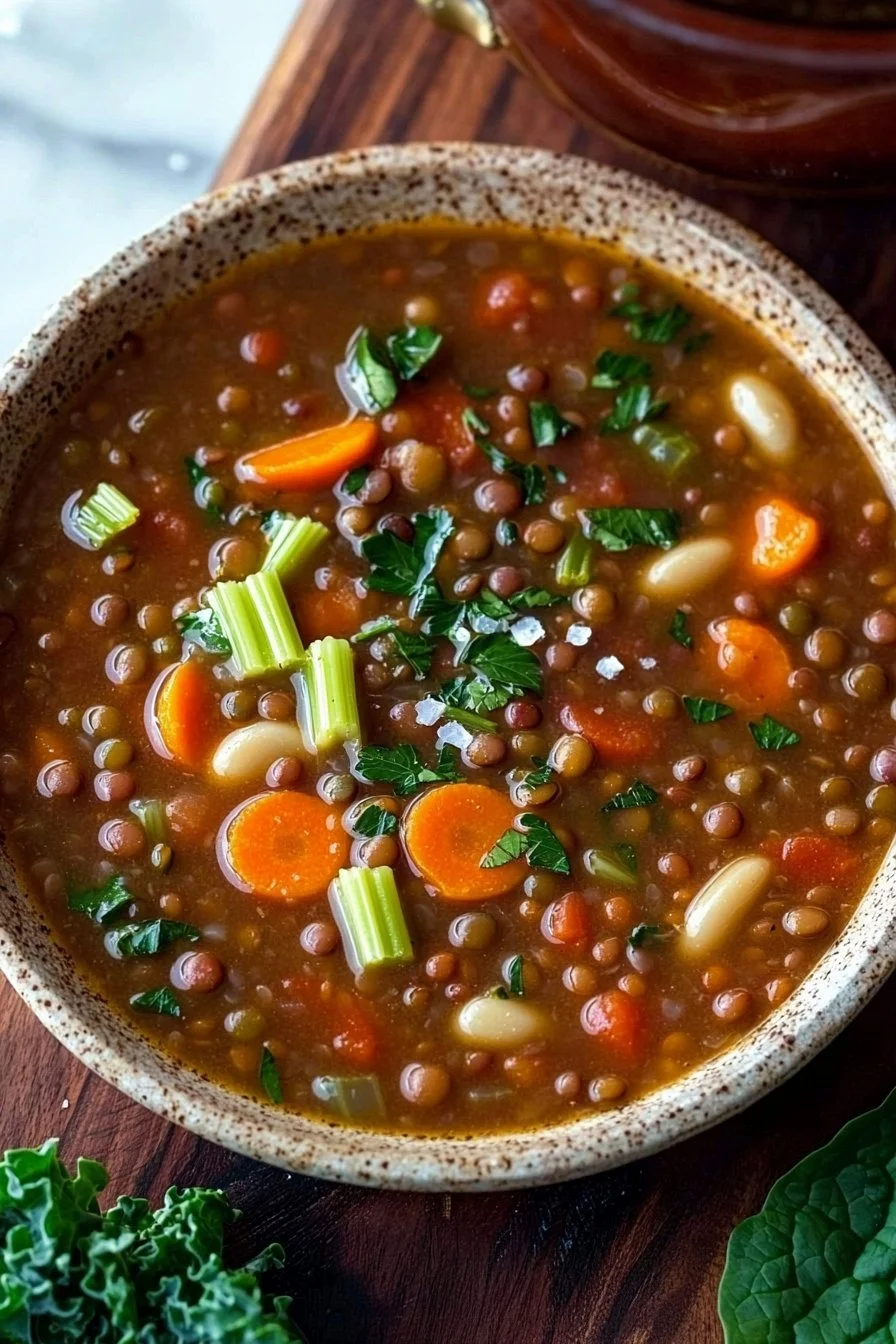 Eine Schüssel Linsensuppe Minestrone mit frischem Gemüse und Kräutern