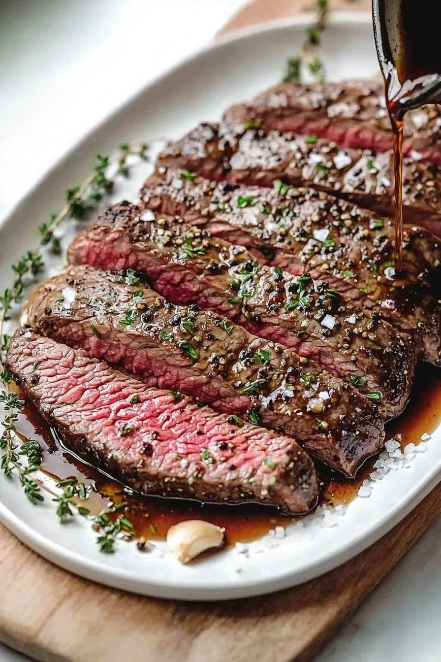 Deliciously grilled London Broil served with vegetables on a plate