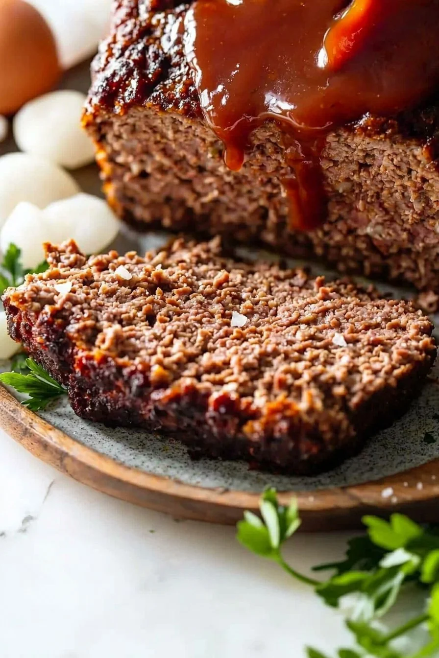 Delicious low carb keto meatloaf served with a side of vegetables