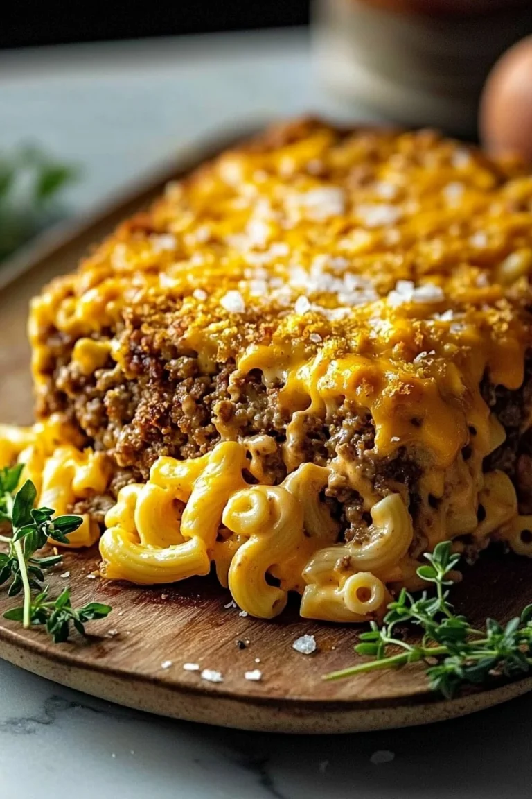 Käse-Hackbraten-Auflauf mit Mac und Käse auf einem Teller serviert