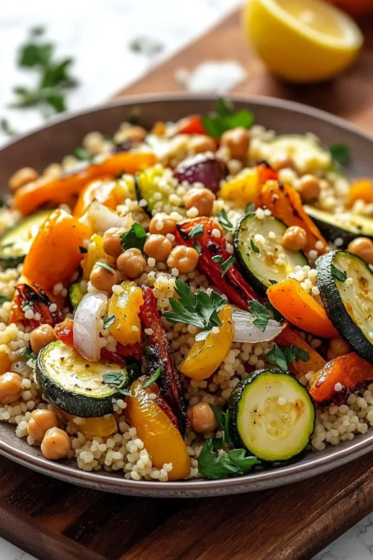 Marokkanischer Couscous mit geröstetem Gemüse auf einem Teller serviert