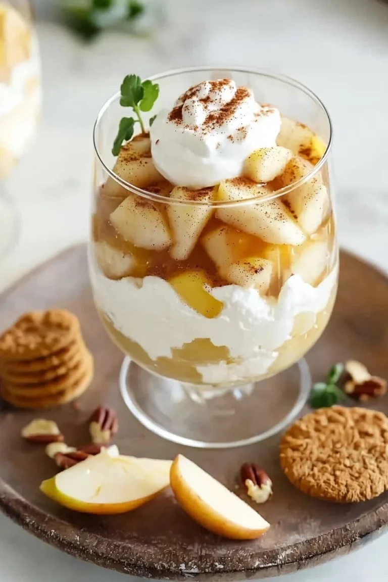 Leckeres Dessert aus Mascarpone und Äpfeln im Glas serviert.