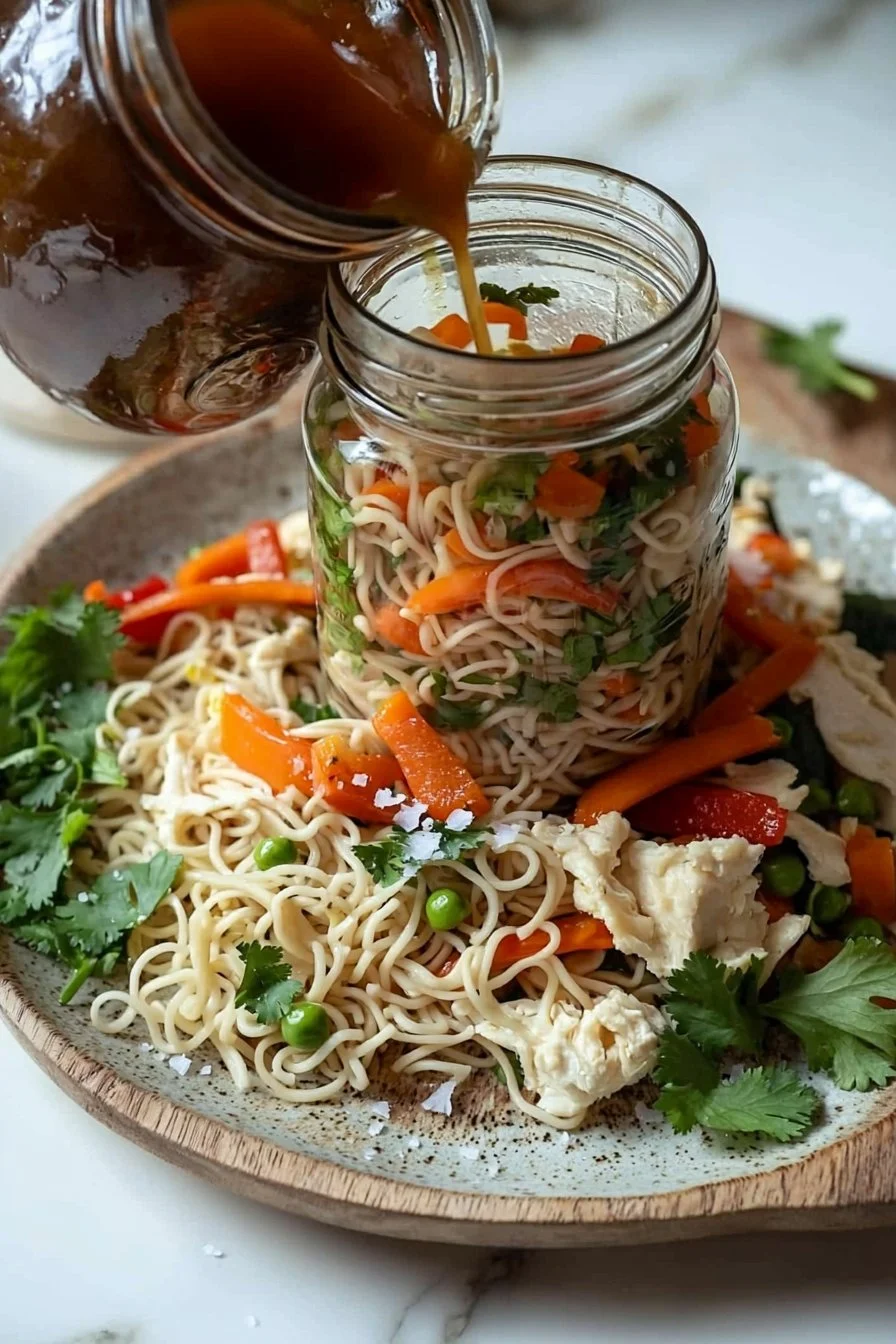 Mason Jar Nudeln Rezept mit frischem Gemüse und Soße