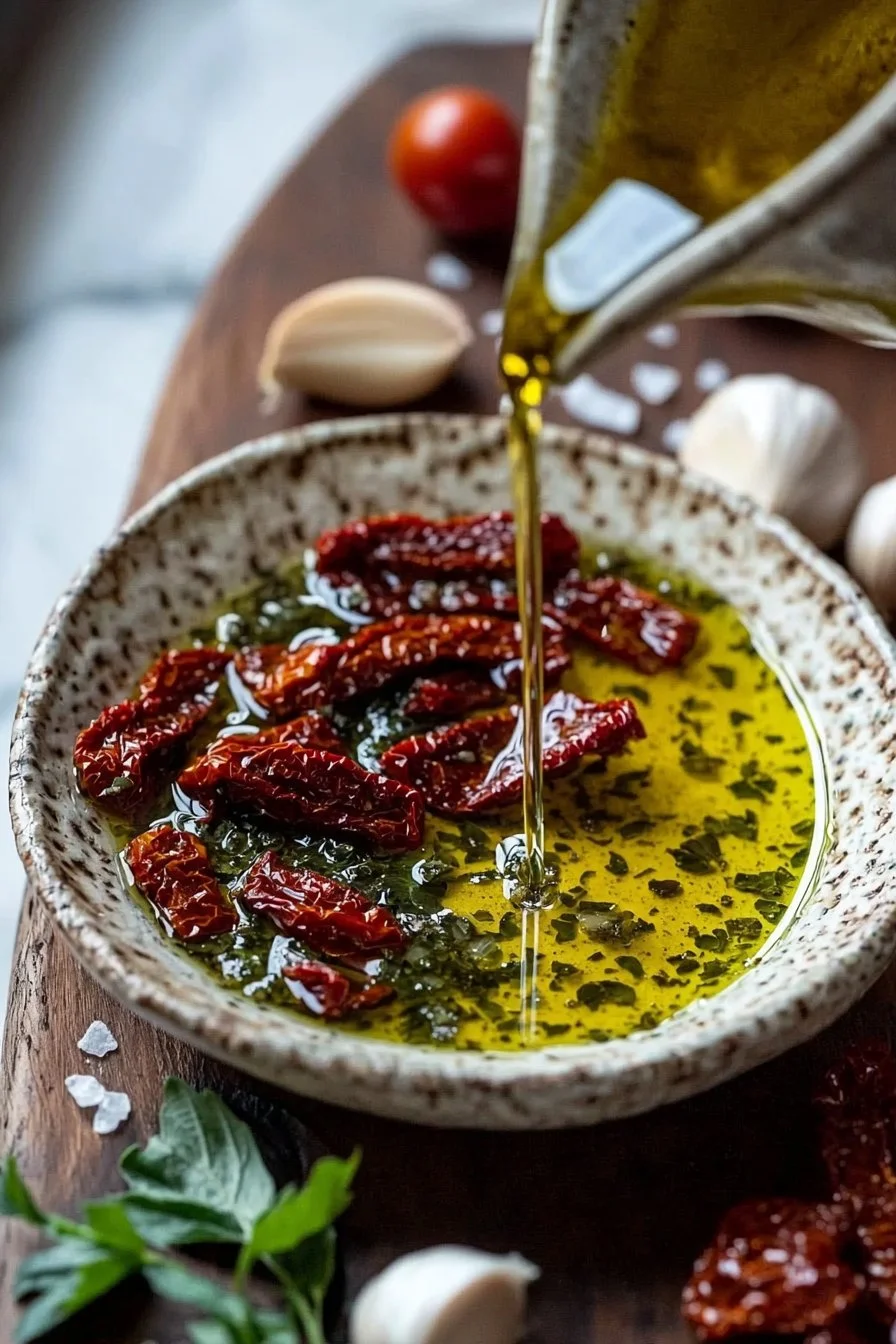 Mediterraner Olivenöl-Dip mit sonnengetrockneten Tomaten in einer Schale