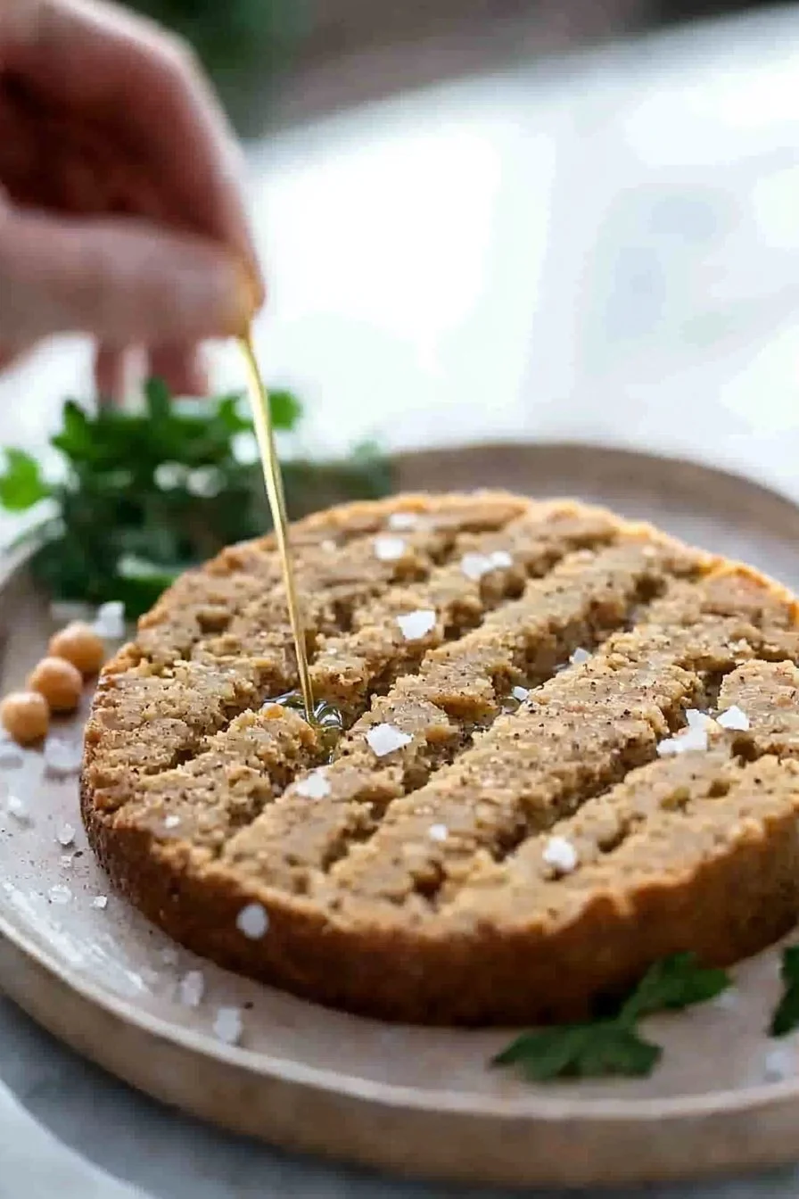 Mehlfreies Kichererbsenbrot, glutenfrei und ohne Hefe, auf einem Holzbrett
