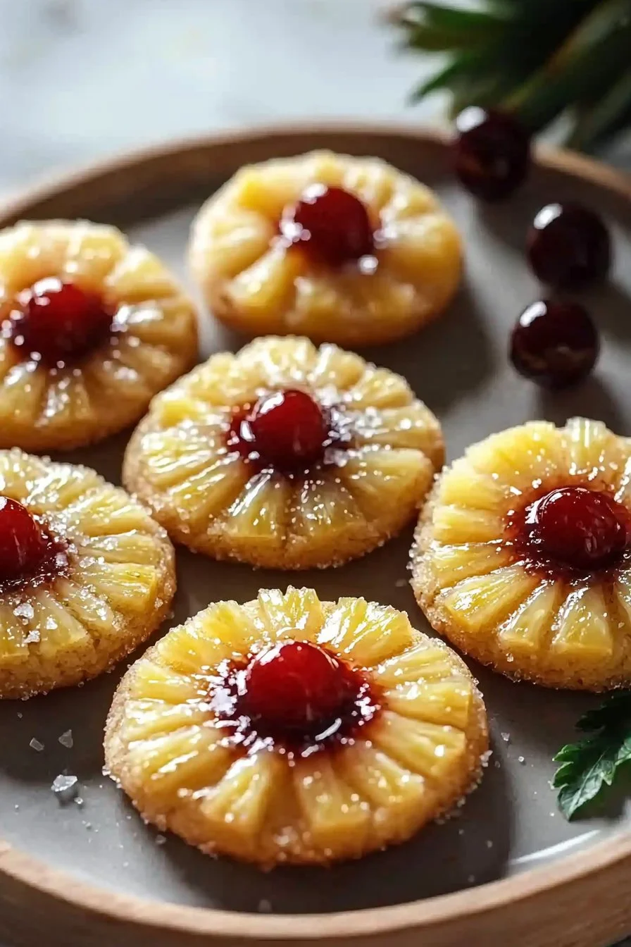 Mini-Ananas-Upside-Down-Zuckerplätzchen auf einem rustikalen Holzbrett