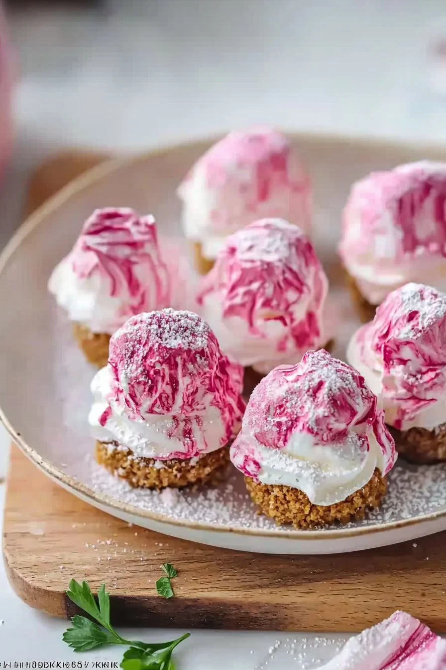 Leckere No-Bake Pink Velvet Cheesecake Bites auf einem Teller