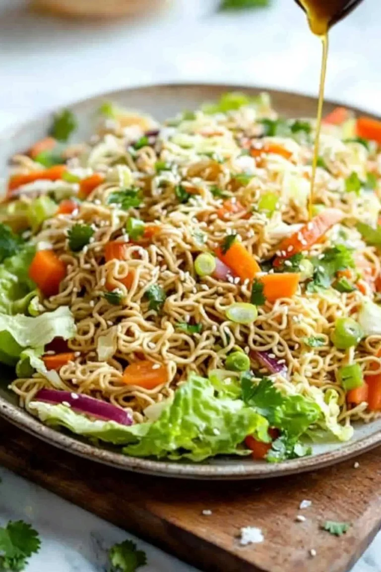 Orientalischer Salat mit Ramen-Nudeln auf einem bunten Teller serviert.