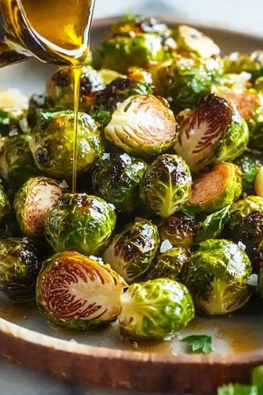 Oven roasted Brussels sprouts on a baking sheet, garnished for serving.