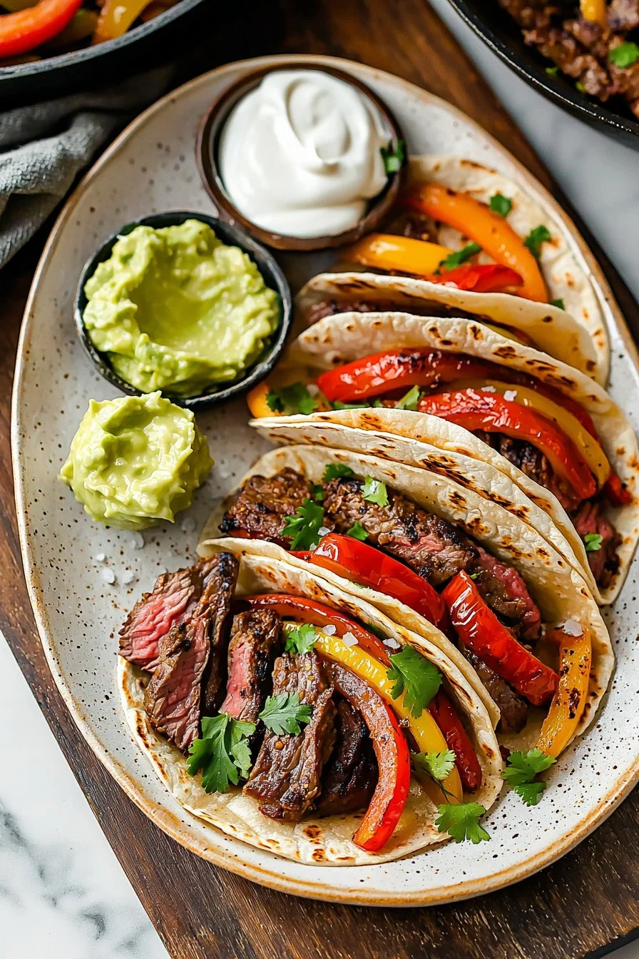 Pfannensteak-Fajitas auf einem Teller mit Paprika und Zwiebeln