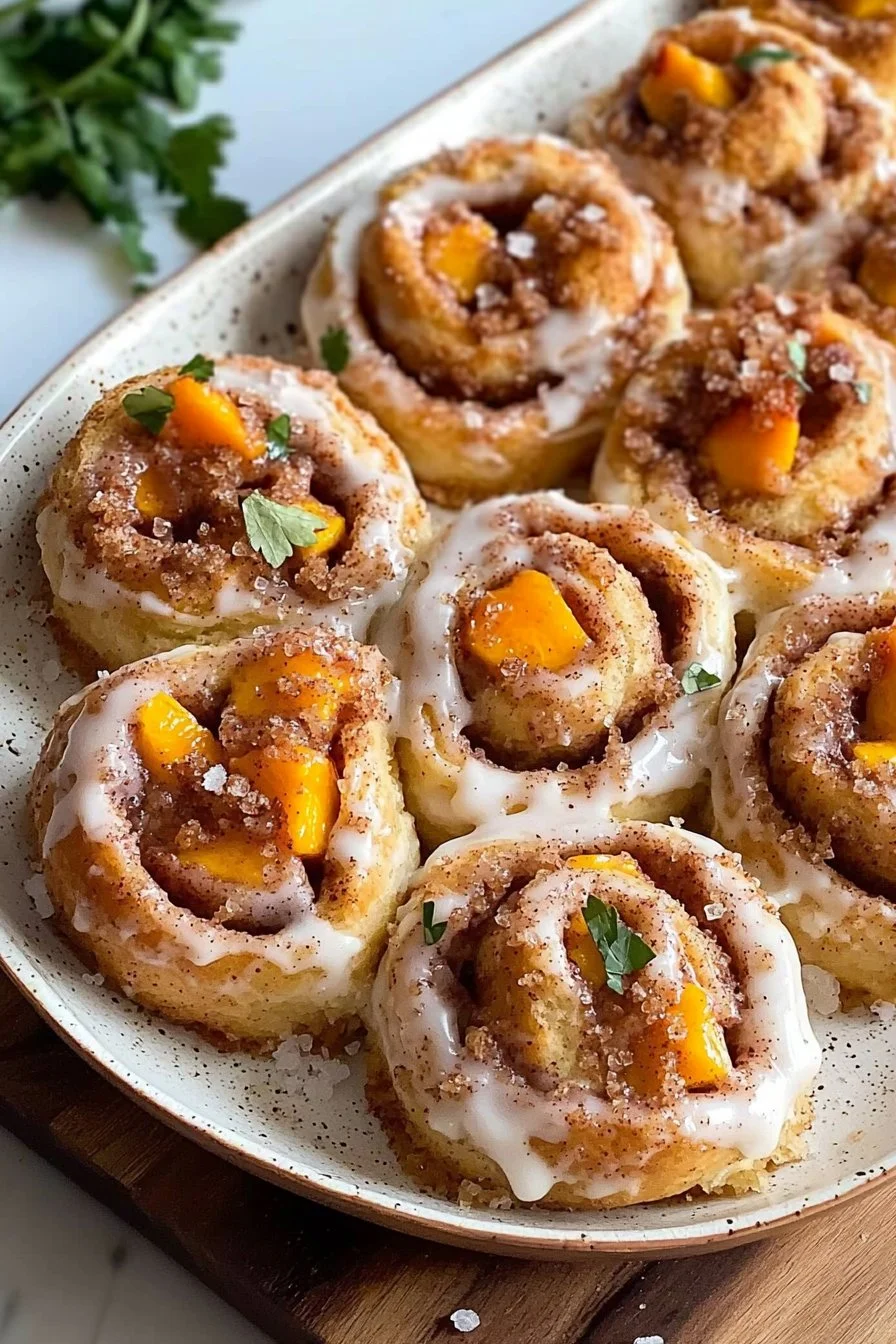 Pfirsich-Cobbler-Zimtschnecken mit frischen Pfirsichen und Zimt