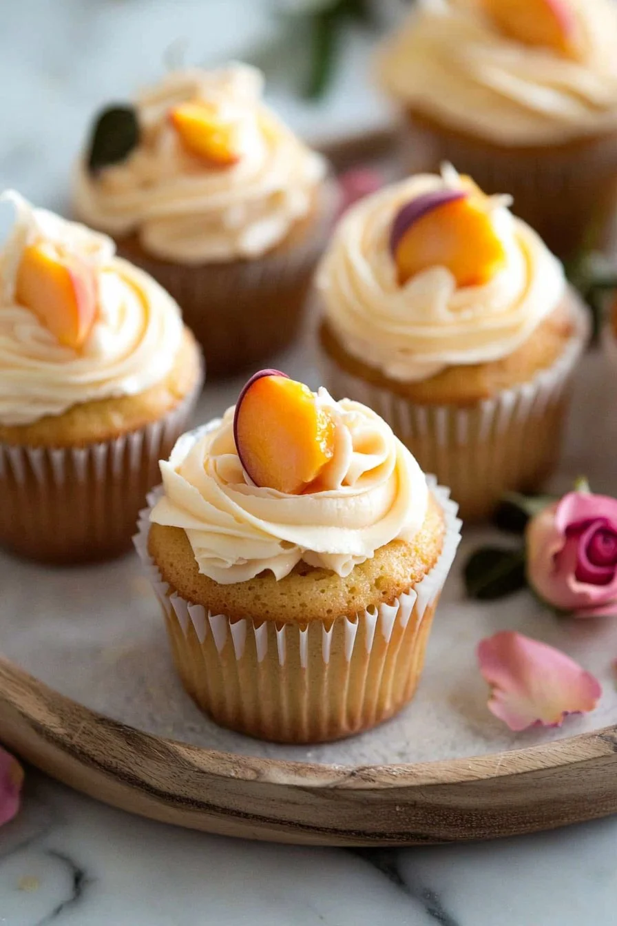 Pfirsich-Rosen-Cupcakes dekoriert mit Rosen und Pfirsichstücken.