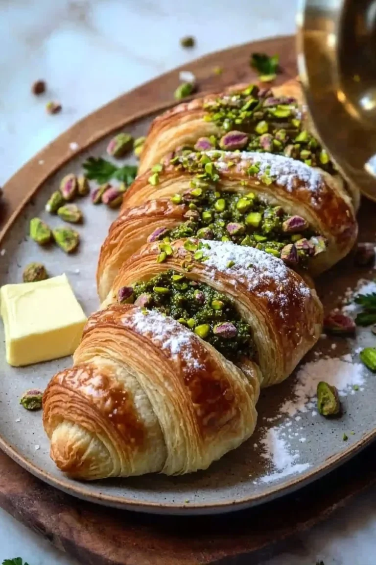 Leckeres Pistazien-Croissant mit grüner Füllung auf einem rustikalen Tisch.
