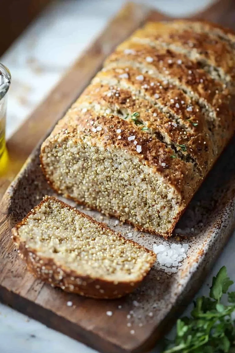 Frisches, gesundes Quinoa Brot auf einem Holzbrett geschnitten