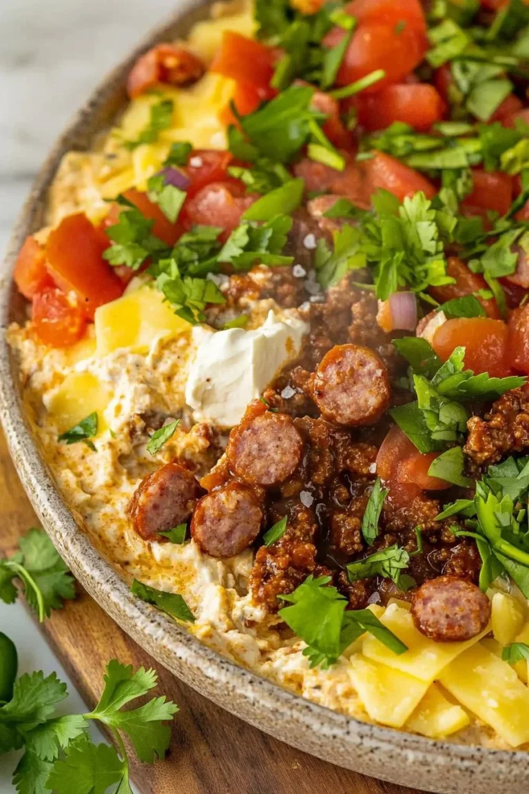 Rauchiger Queso-Dip mit Rinderwurst serviert in einer Schüssel