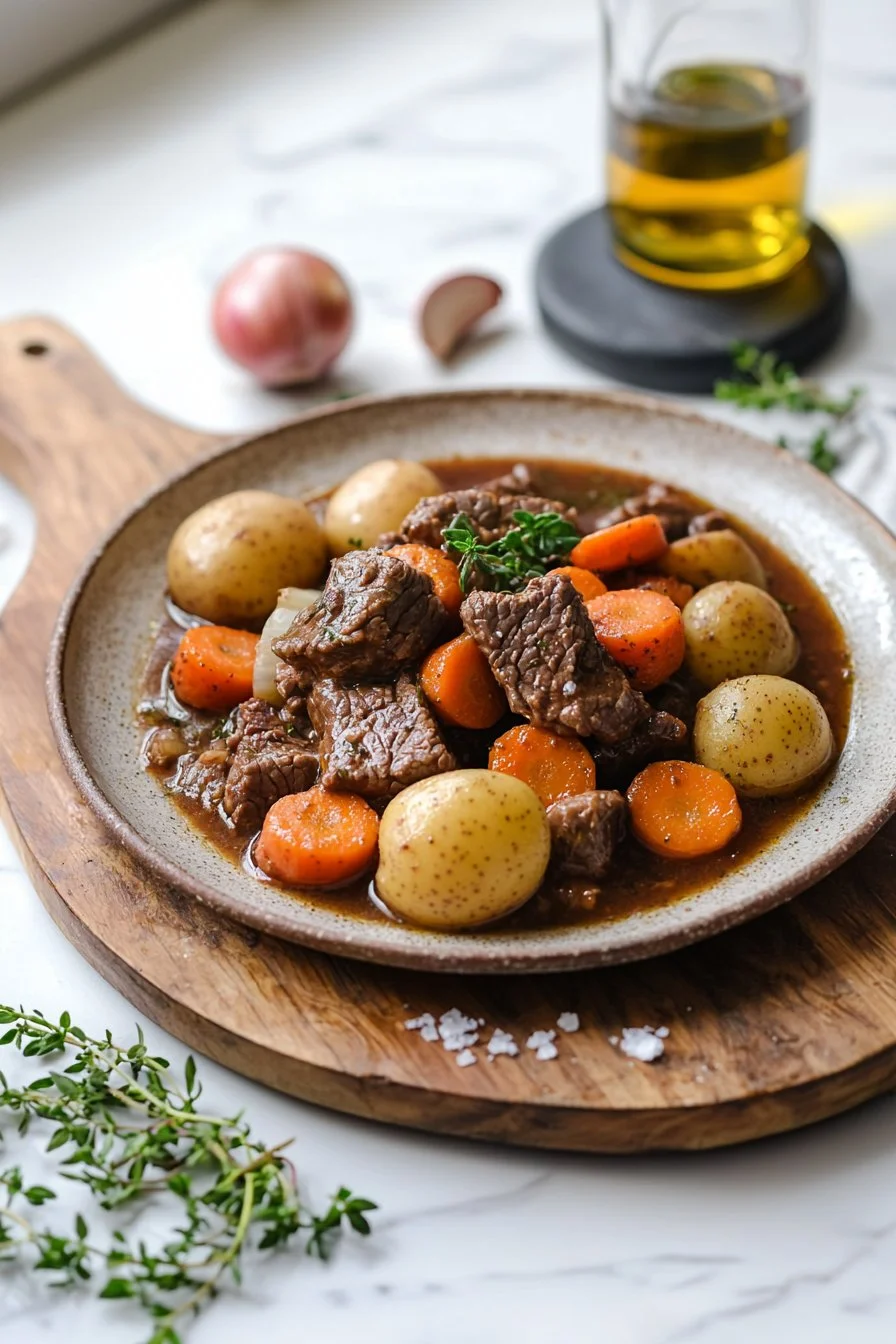 Schüssel mit Rindereintopf, herzhaft und lecker, ideal für kalte Tage.