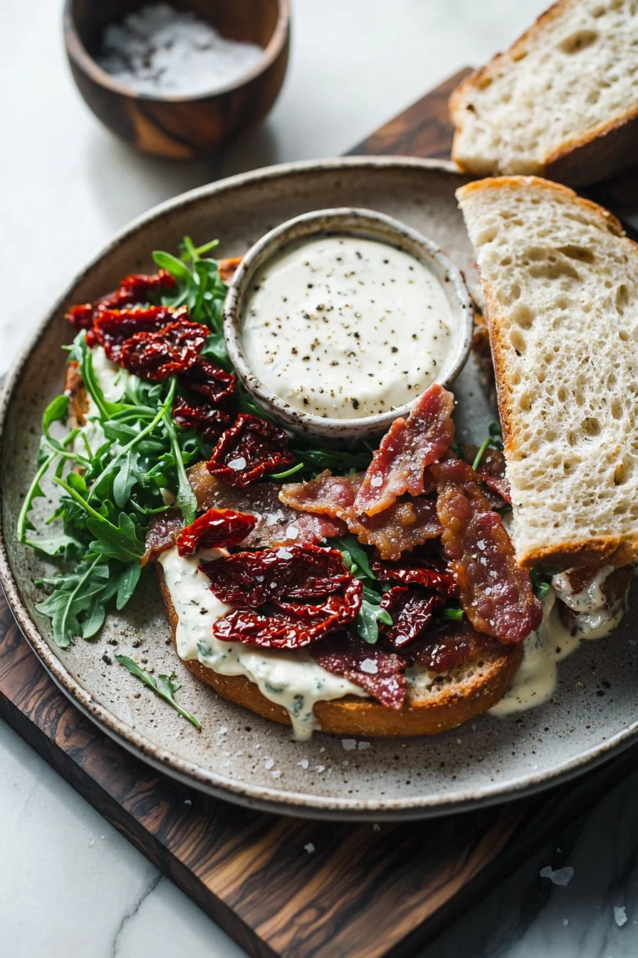 Rindfleisch-Bacon-Sandwich mit Pecorino-Creme und Rucola auf einem Teller
