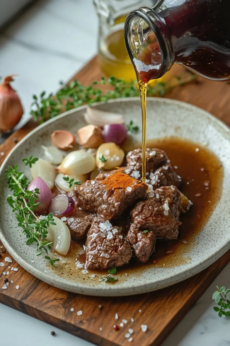 Rindfleisch geschmort in Traubensaft serviert mit Beilagen