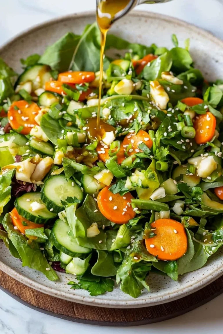 Salat mit asiatischem Dressing, frisch zubereitet und serviert auf einem Teller