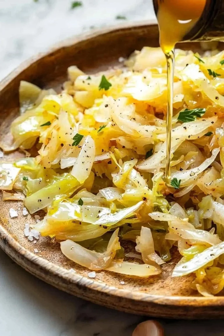 Plate of cooked sauteed cabbage garnished with herbs