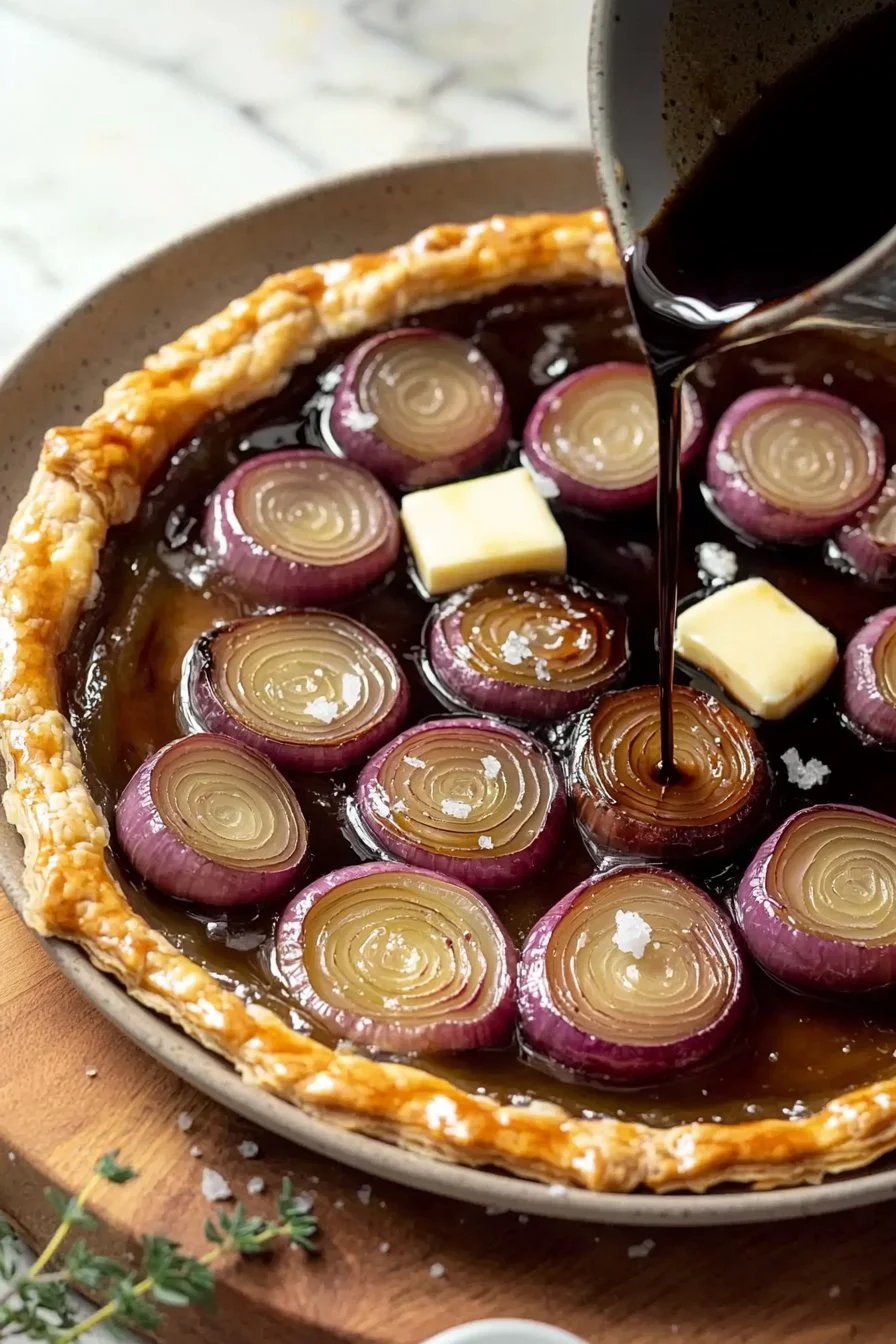 Leckere Schalotten-Tarte Tatin auf einem rustikalen Holzbrett serviert.