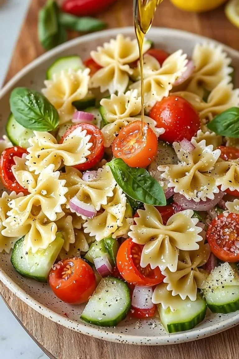 Bunter Schmetterlingsnudelsalat mit frischem Gemüse und Kräutern