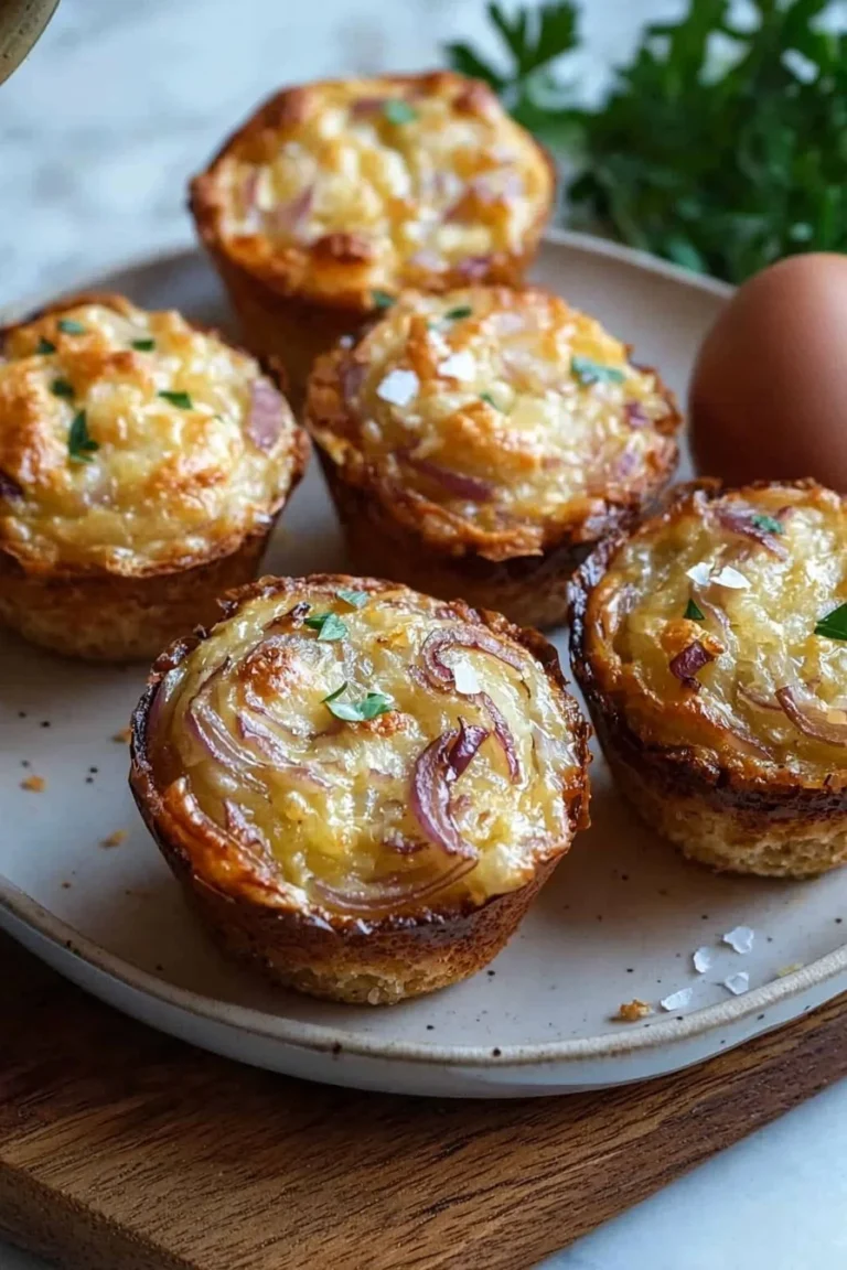 Schnelle Zwiebelkuchen-Muffins auf einem Teller angerichtet