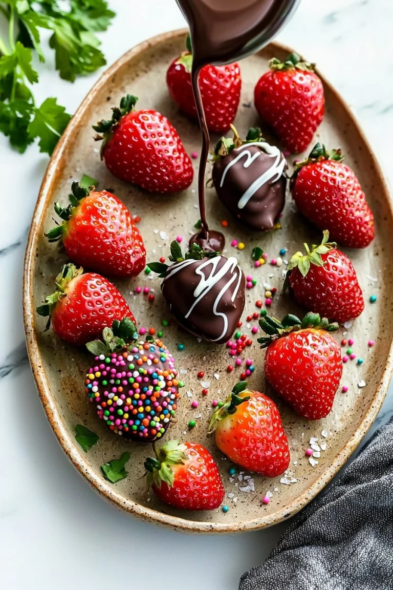 Schokoladendekorierte Erdbeeren auf einem Teller, perfekt für Desserts.