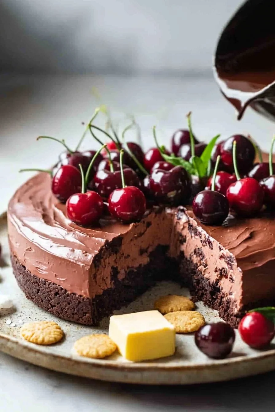 Schokoladenkirschen-Mousse-Torte mit frischen Kirschen und Schokoladenglasur