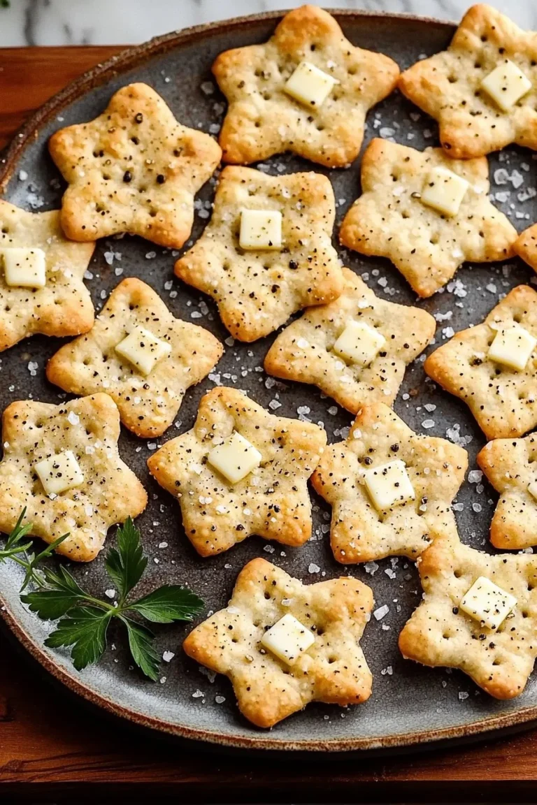 Schwarzer Pfeffer, Parmesan und Weißer Cheddar Spritz-Cracker auf einem Holzbrett