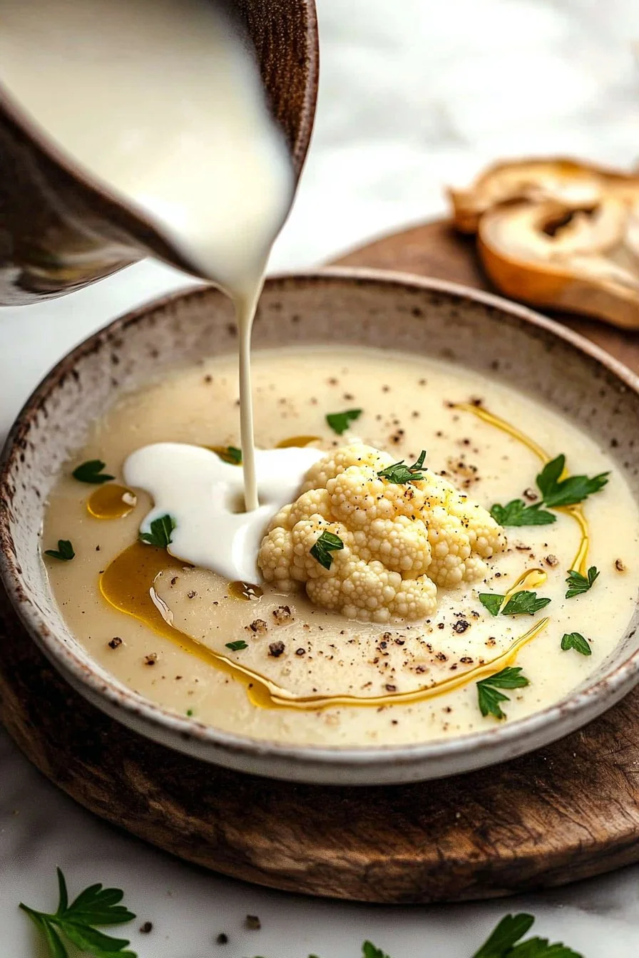 Schüssel mit seidiger gerösteter Blumenkohlsuppe garniert mit frischen Kräutern.