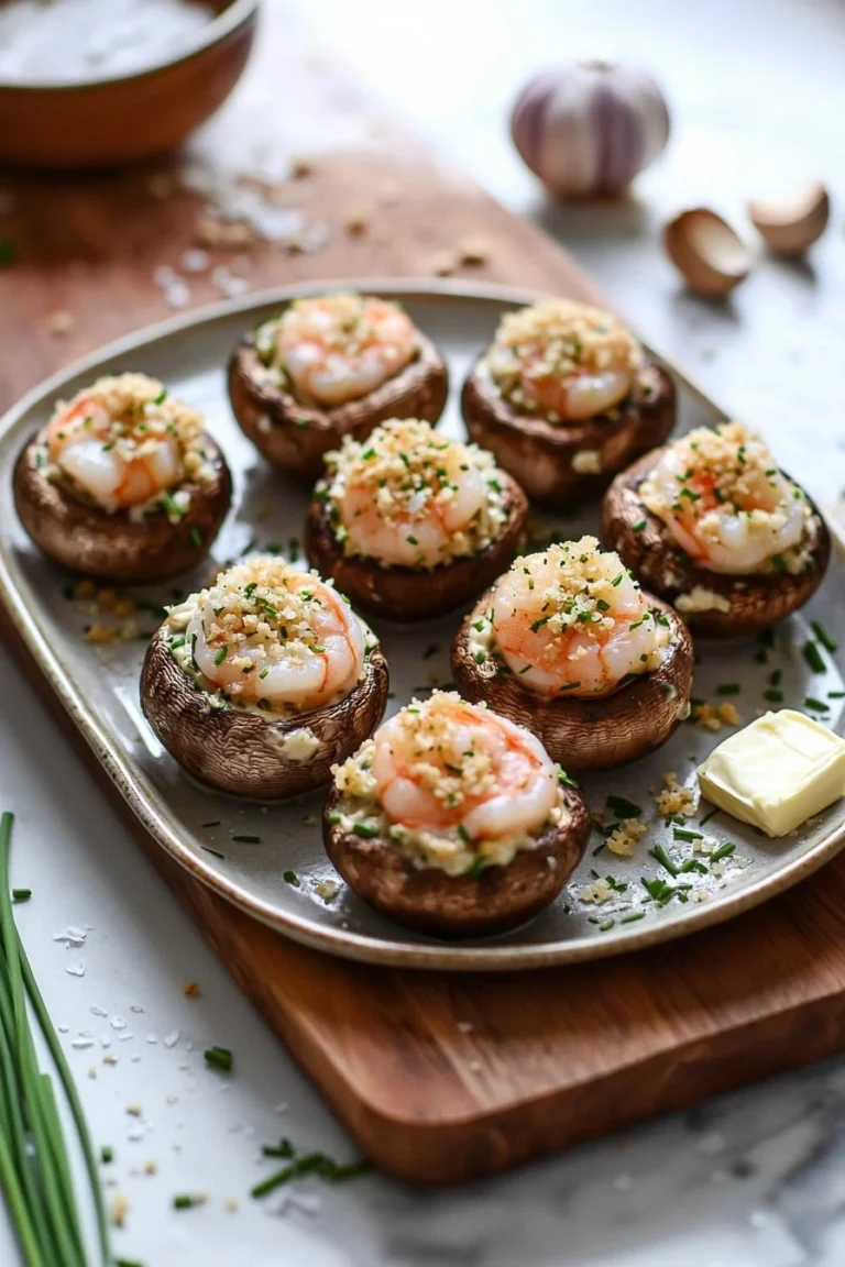 Shrimp gefüllte Pilze aus dem Ofen mit knackigen Kräutern und einer cremigen Füllung