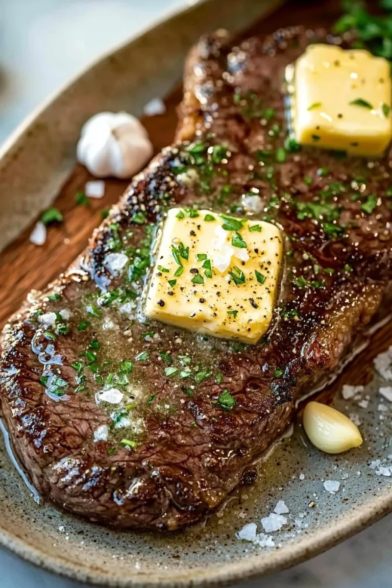 Saftiges Sirloin Steak mit gehäufter Knoblauchbutter serviert
