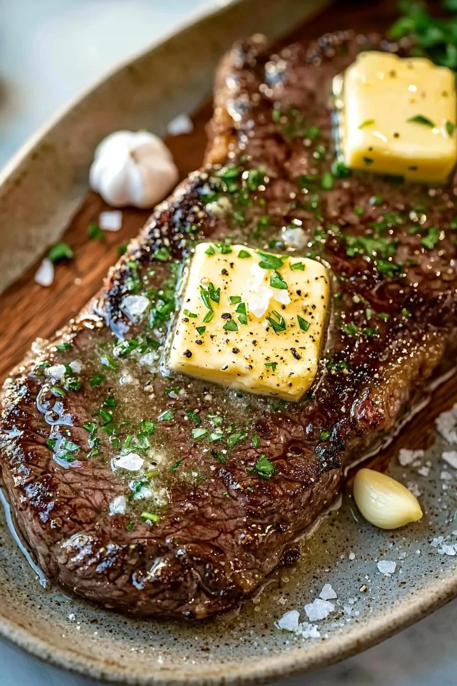 Saftiges Sirloin Steak mit gehäufter Knoblauchbutter serviert