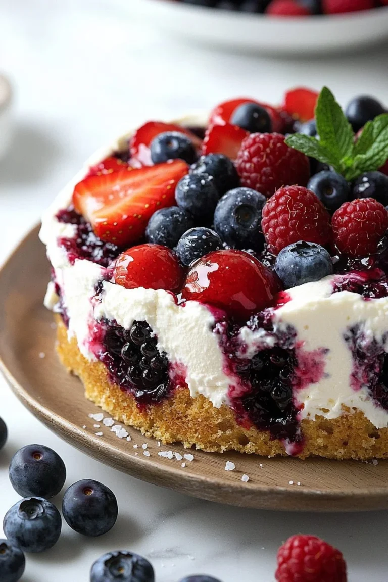 Sommer Beeren Poke Kuchen mit frischen Beeren und cremigem Belag