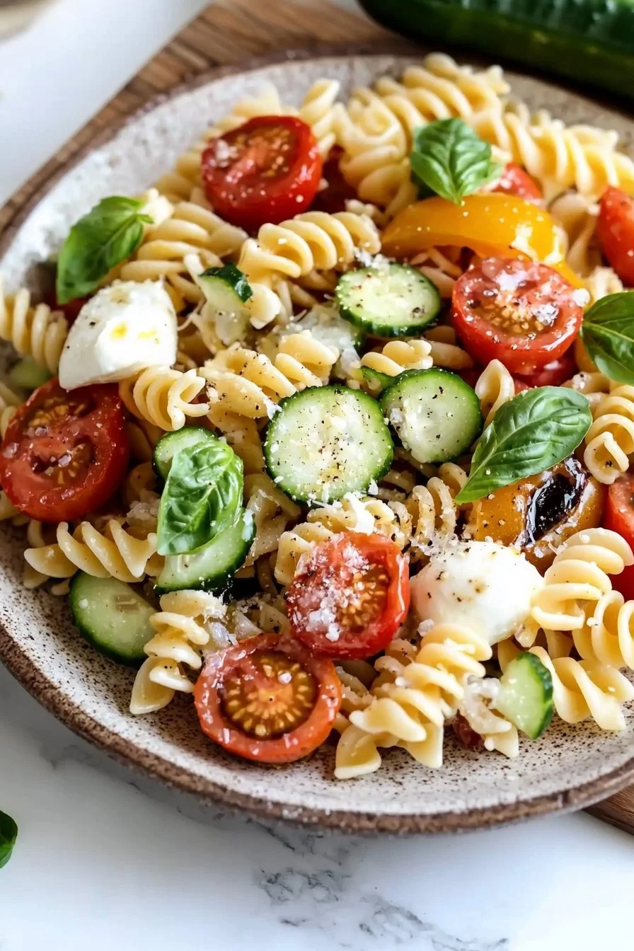 Leckerer Sommer-Pasta-Salat mit frischen Zutaten für heiße Tage