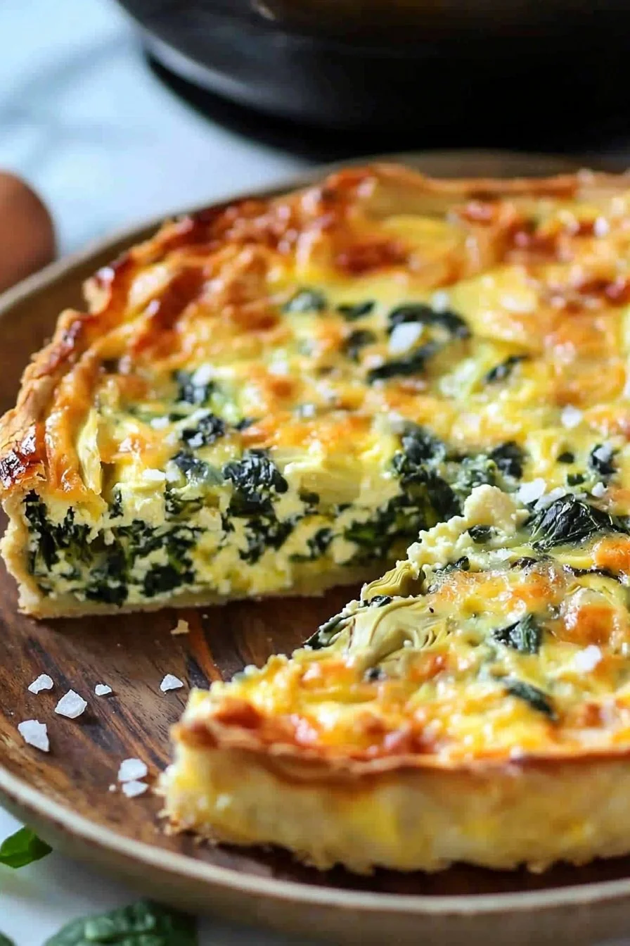 Spinat-Artischocken-krustenlose Quiche auf einem Teller serviert