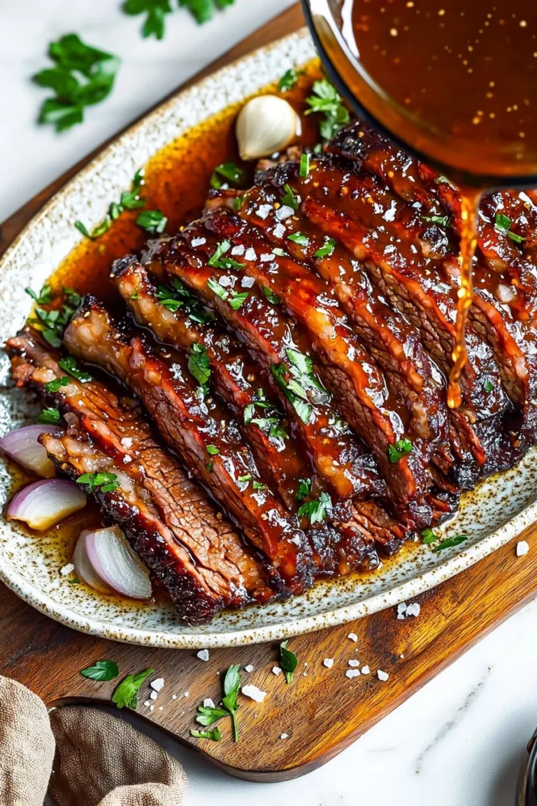 Süß-sauerer Brisket, serviert mit köstlicher Soße und Beilagen.