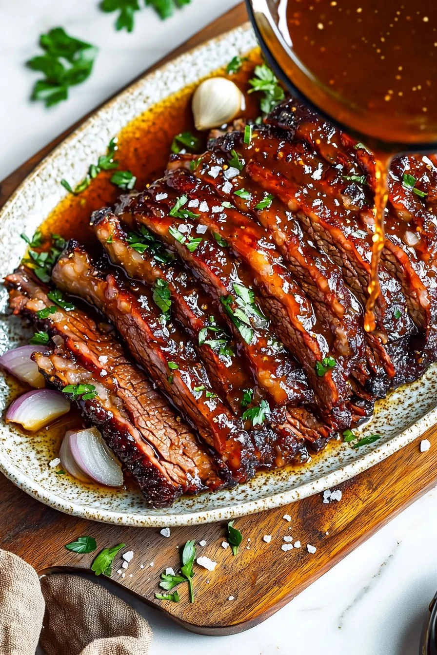 Süß-sauerer Brisket, serviert mit köstlicher Soße und Beilagen.