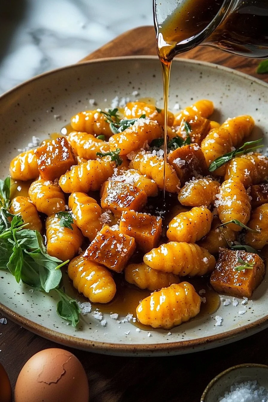 Süßkartoffel Gnocchi in brauner Butter mit Ahornsirup serviert